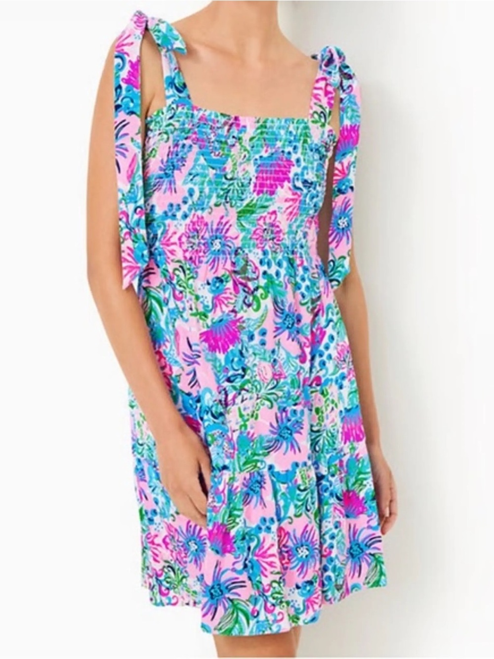 Lilly Pulitzer Kailua Smocked Dress Pink Floral Tie-Shoulder XL